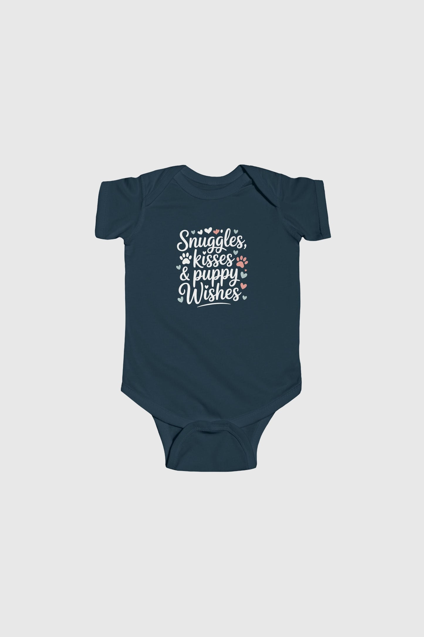 Baby wearing light blue Snuggles Kisses Puppy Wishes bodysuit