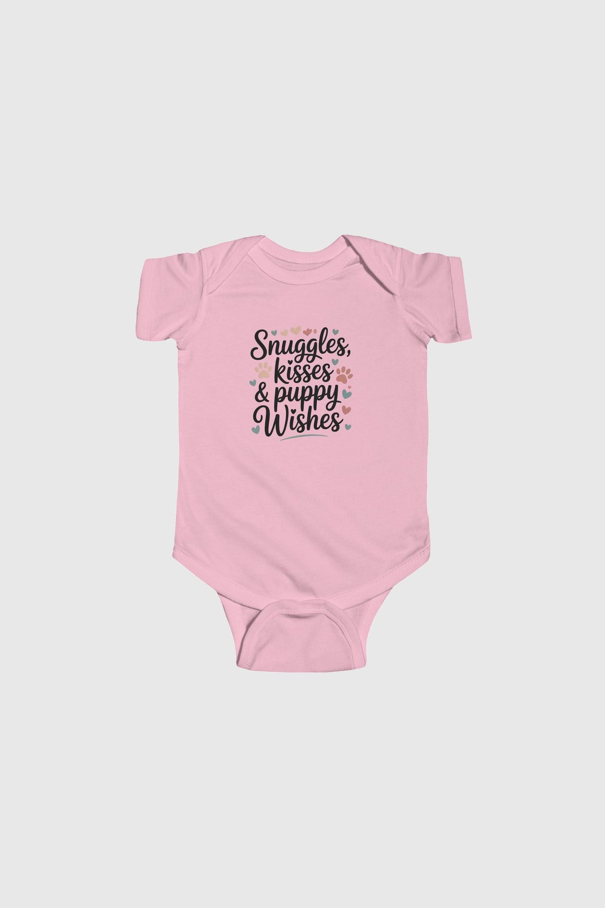 Lavender baby bodysuit with Snuggles Kisses Puppy Wishes print, snap closure