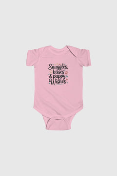 Lavender baby bodysuit with Snuggles Kisses Puppy Wishes print, snap closure