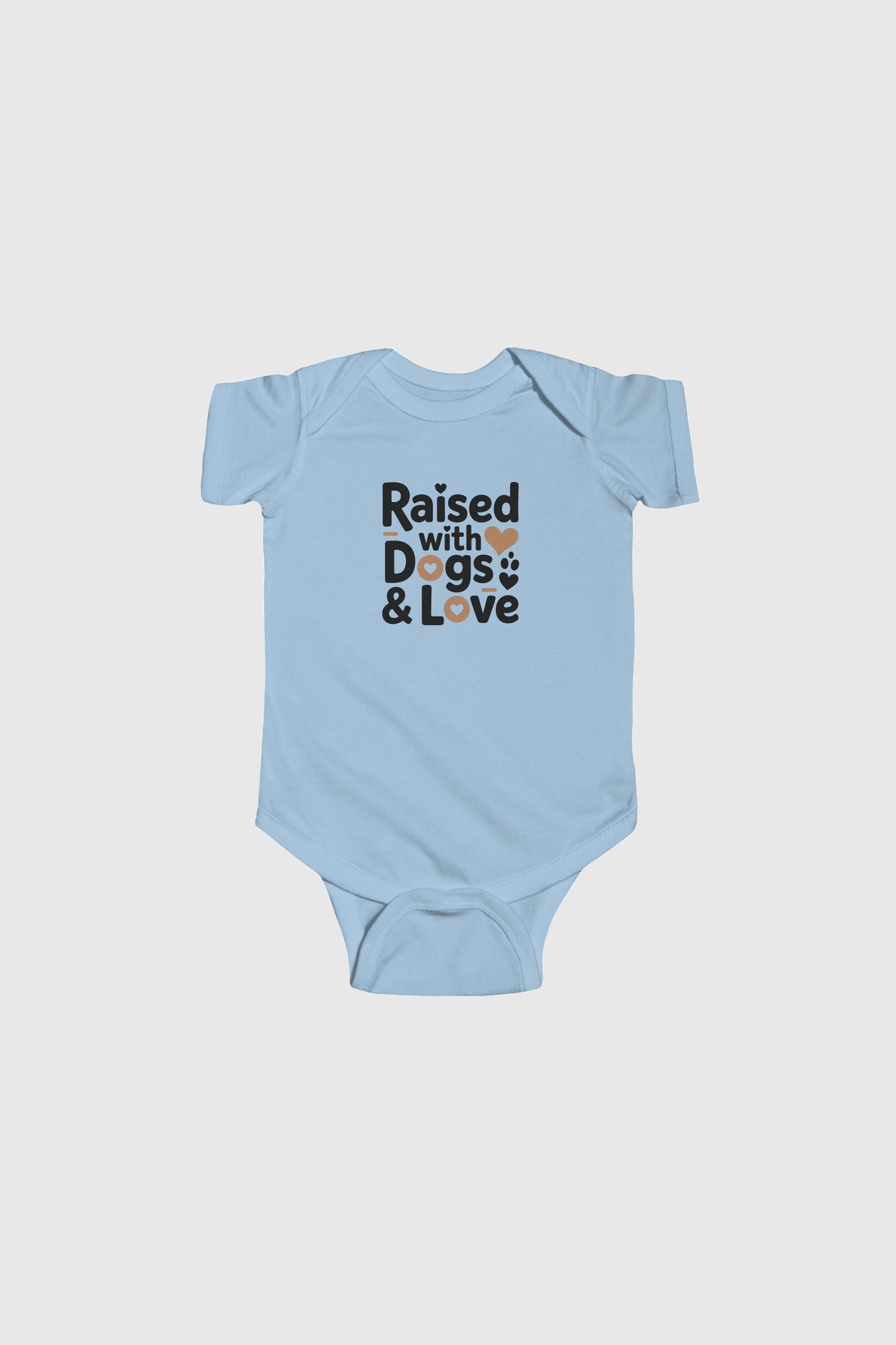 Yellow baby bodysuit with Raised With Dogs and Love print, snap closure