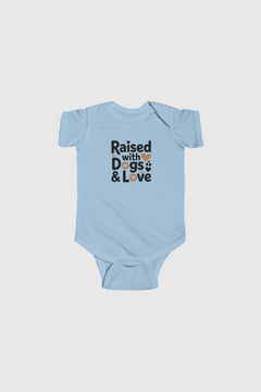 Yellow baby bodysuit with Raised With Dogs and Love print, snap closure