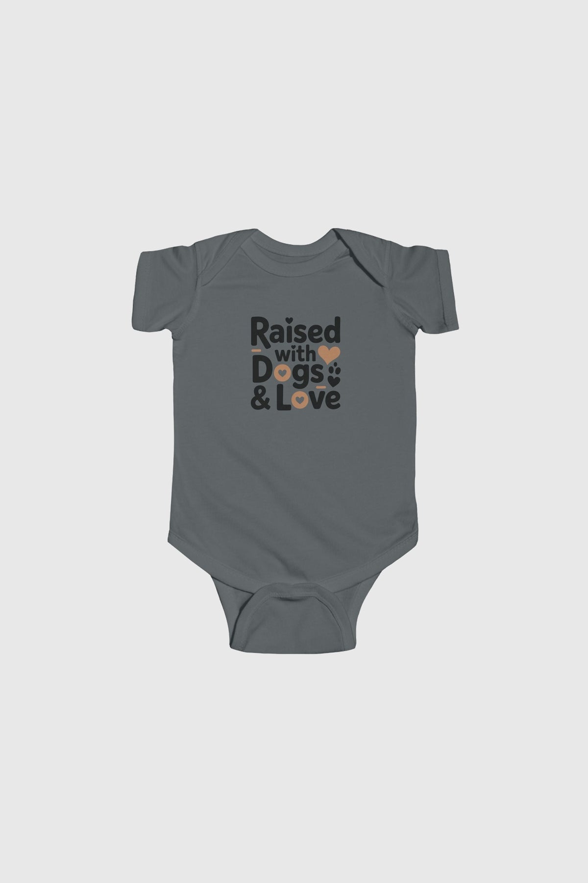 Baby wearing yellow Raised With Dogs and Love bodysuit