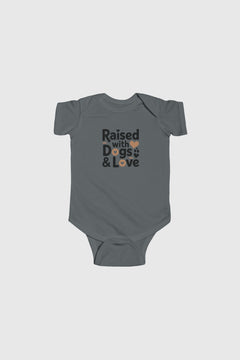 Baby wearing yellow Raised With Dogs and Love bodysuit