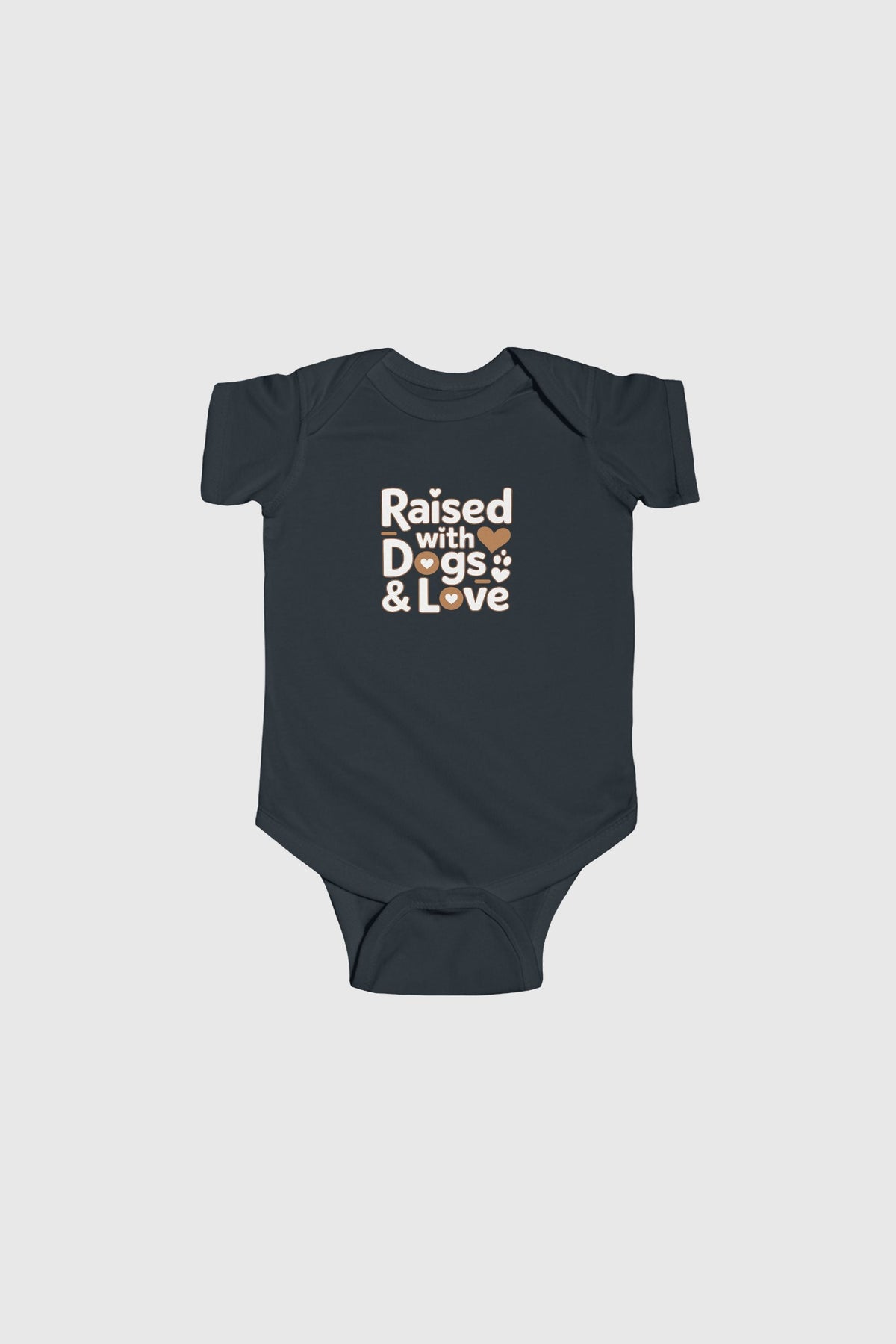 Light blue baby bodysuit with Raised With Dogs and Love print, snap closure