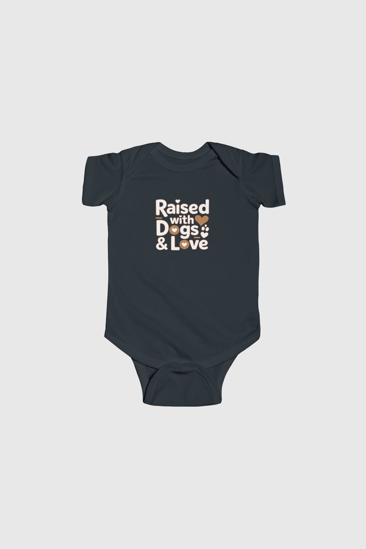 Light blue baby bodysuit with Raised With Dogs and Love print, snap closure