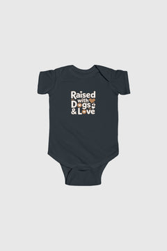 Light blue baby bodysuit with Raised With Dogs and Love print, snap closure