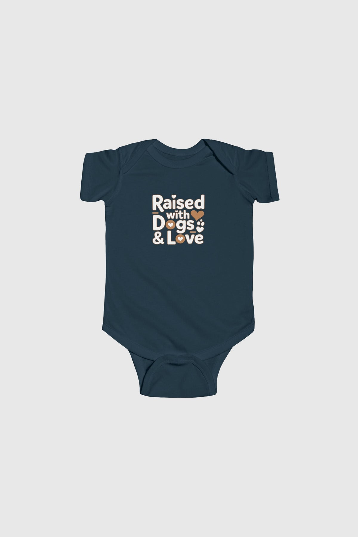 Baby wearing light blue Raised With Dogs and Love bodysuit