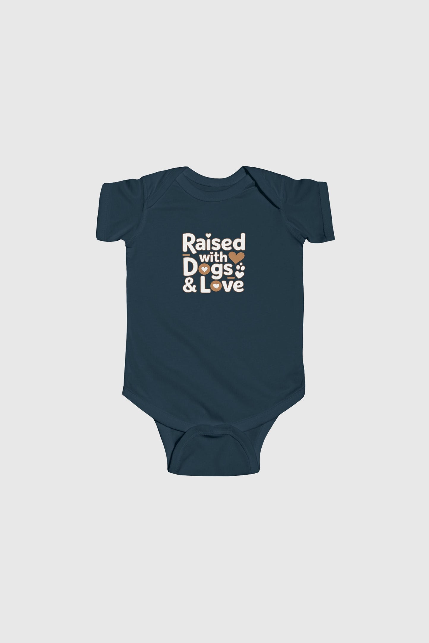 Baby wearing light blue Raised With Dogs and Love bodysuit