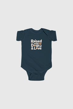 Baby wearing light blue Raised With Dogs and Love bodysuit