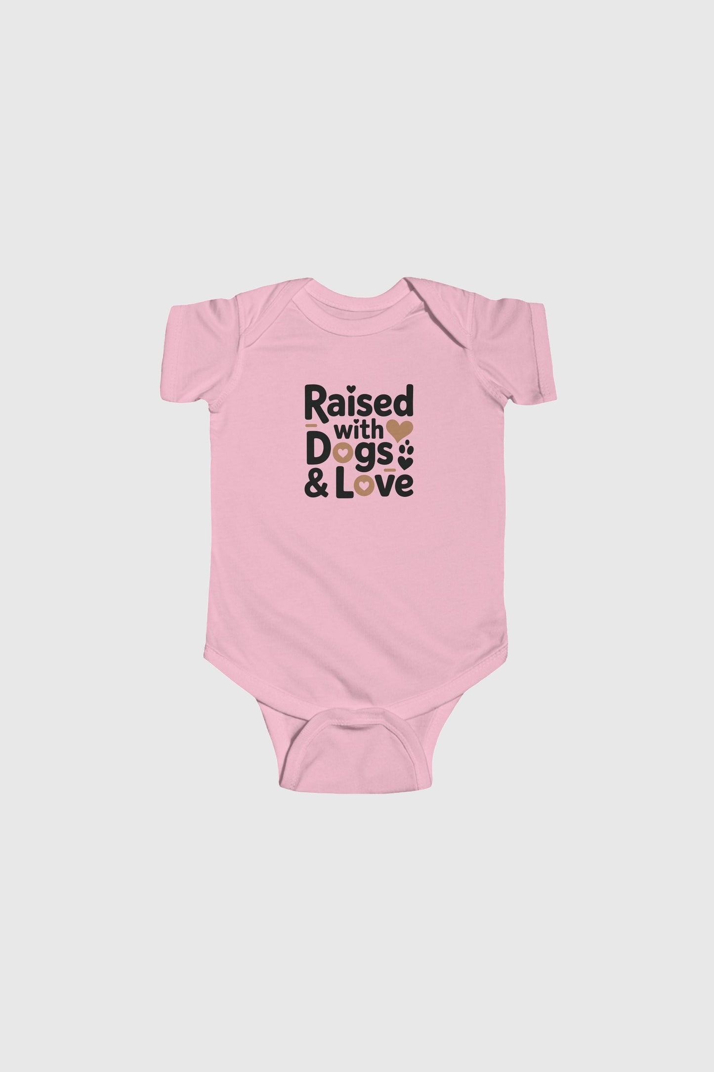Lavender baby bodysuit with Raised With Dogs and Love print, snap closure