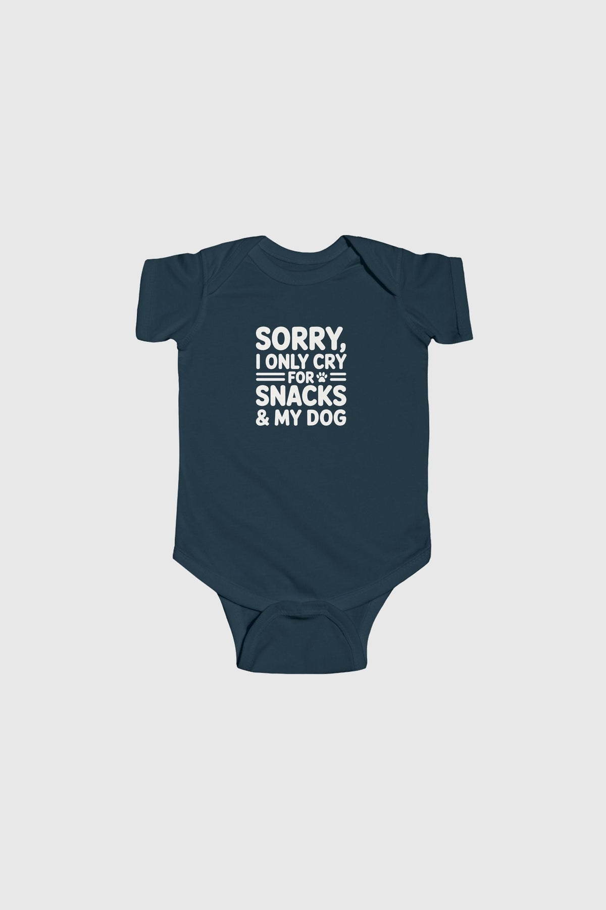 Yellow baby bodysuit with Sorry I Only Cry For Snacks and My Dog print, snap closure