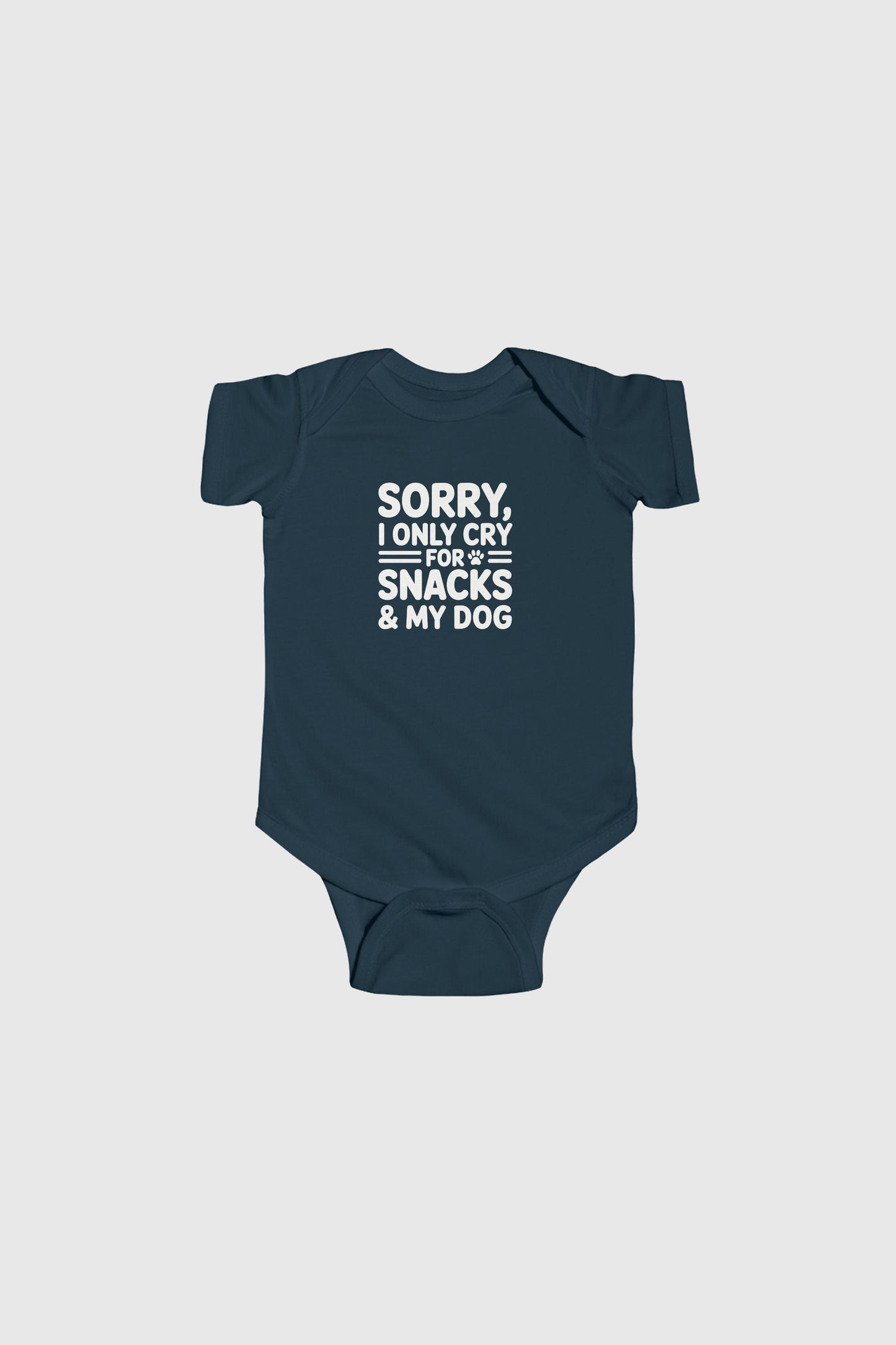 Yellow baby bodysuit with Sorry I Only Cry For Snacks and My Dog print, snap closure