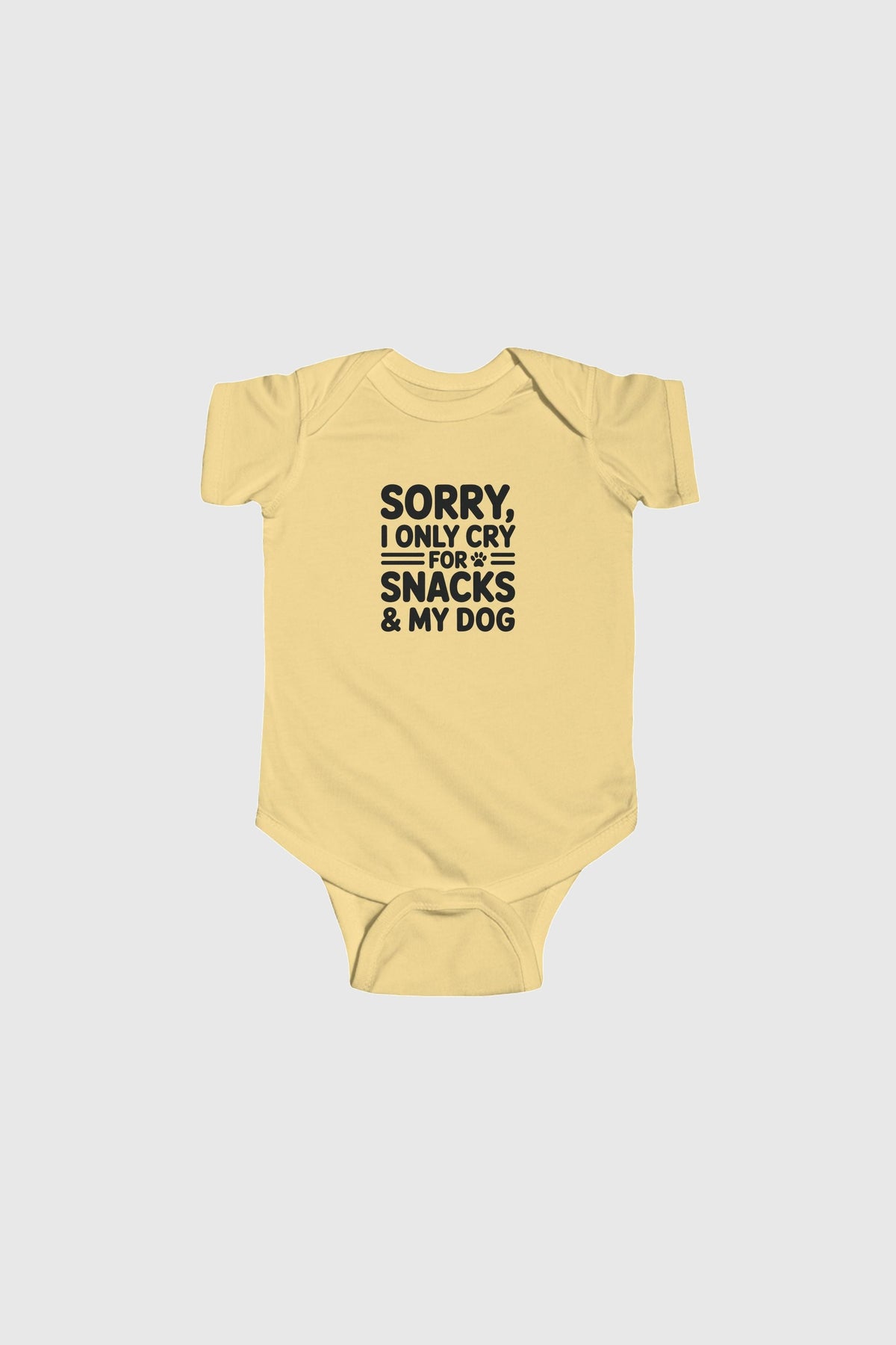 Baby wearing yellow Sorry I Only Cry For Snacks bodysuit