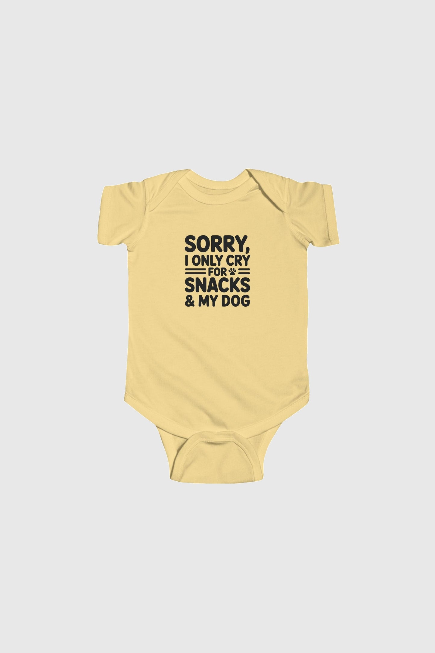 Baby wearing yellow Sorry I Only Cry For Snacks bodysuit