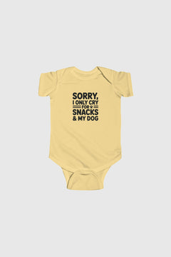 Baby wearing yellow Sorry I Only Cry For Snacks bodysuit
