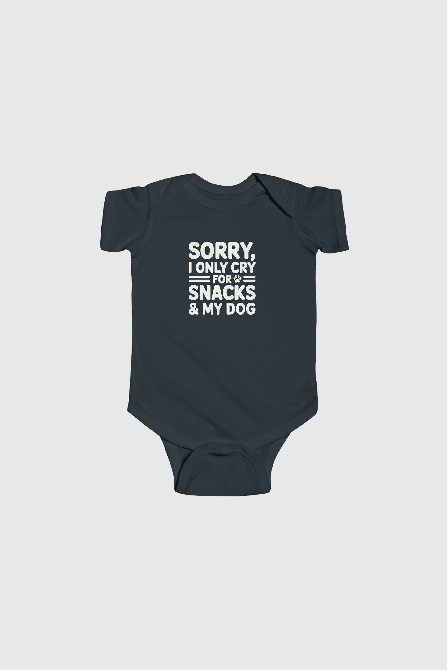 Baby wearing light blue Sorry I Only Cry For Snacks bodysuit