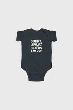 Baby wearing light blue Sorry I Only Cry For Snacks bodysuit