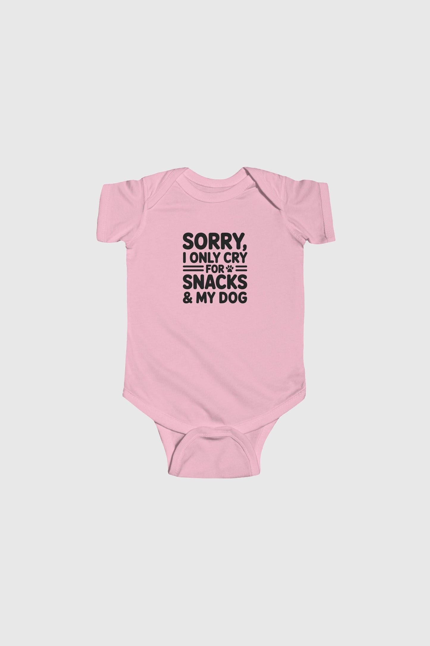 Lavender baby bodysuit with Sorry I Only Cry For Snacks and My Dog print, snap closure
