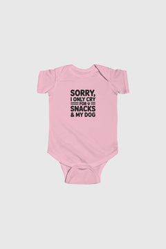 Lavender baby bodysuit with Sorry I Only Cry For Snacks and My Dog print, snap closure