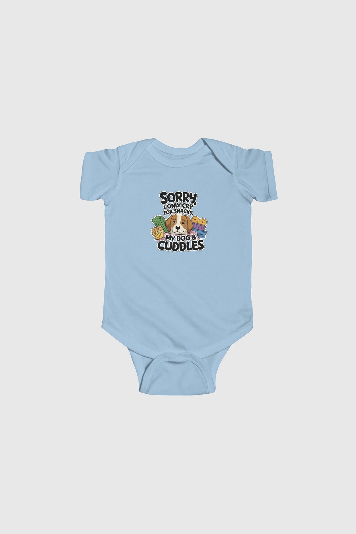 Yellow baby bodysuit with Sorry I Only Cry for Snacks and My Dog print, snap closure