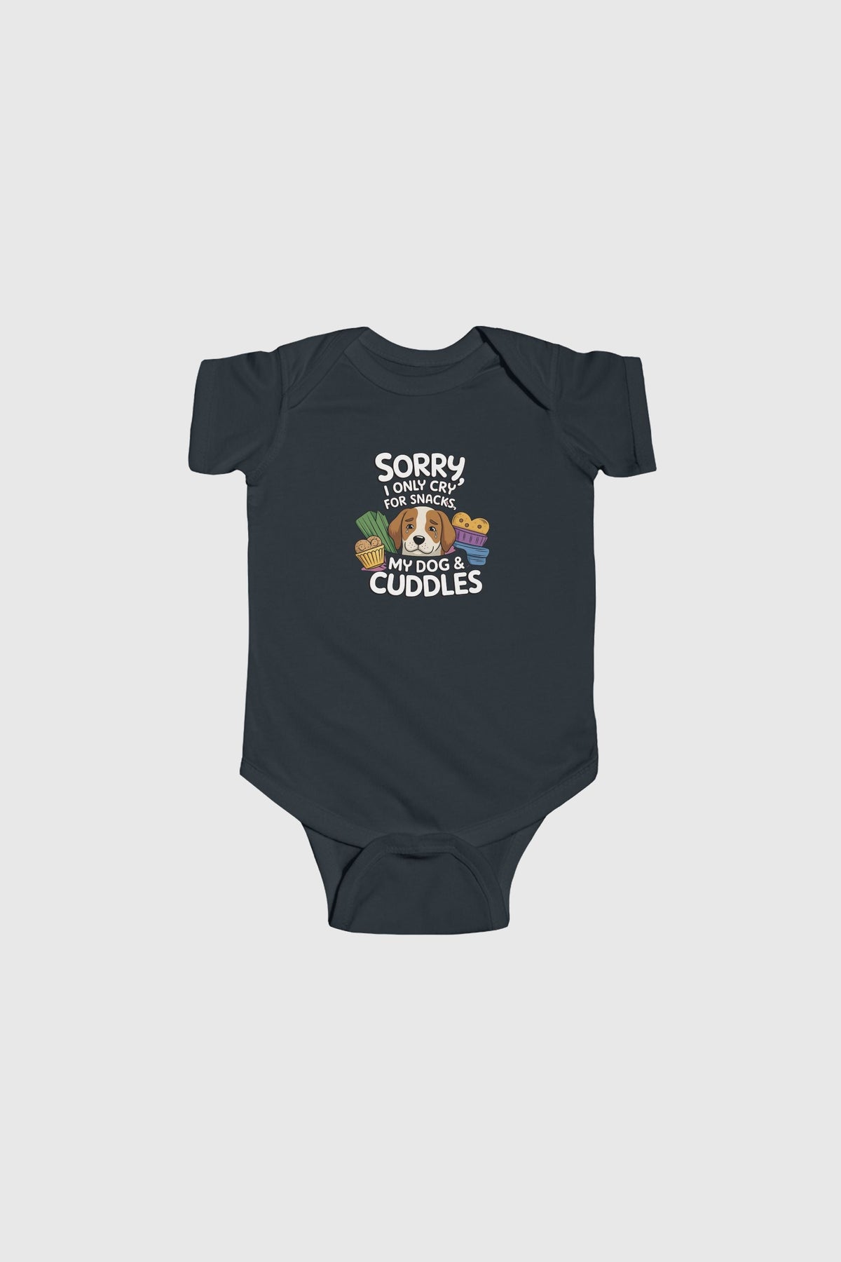 Light blue baby bodysuit with Sorry I Only Cry for Snacks and My Dog print, snap closure