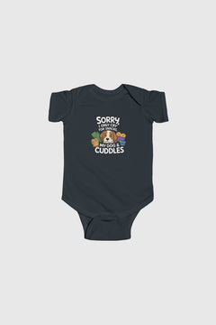 Light blue baby bodysuit with Sorry I Only Cry for Snacks and My Dog print, snap closure