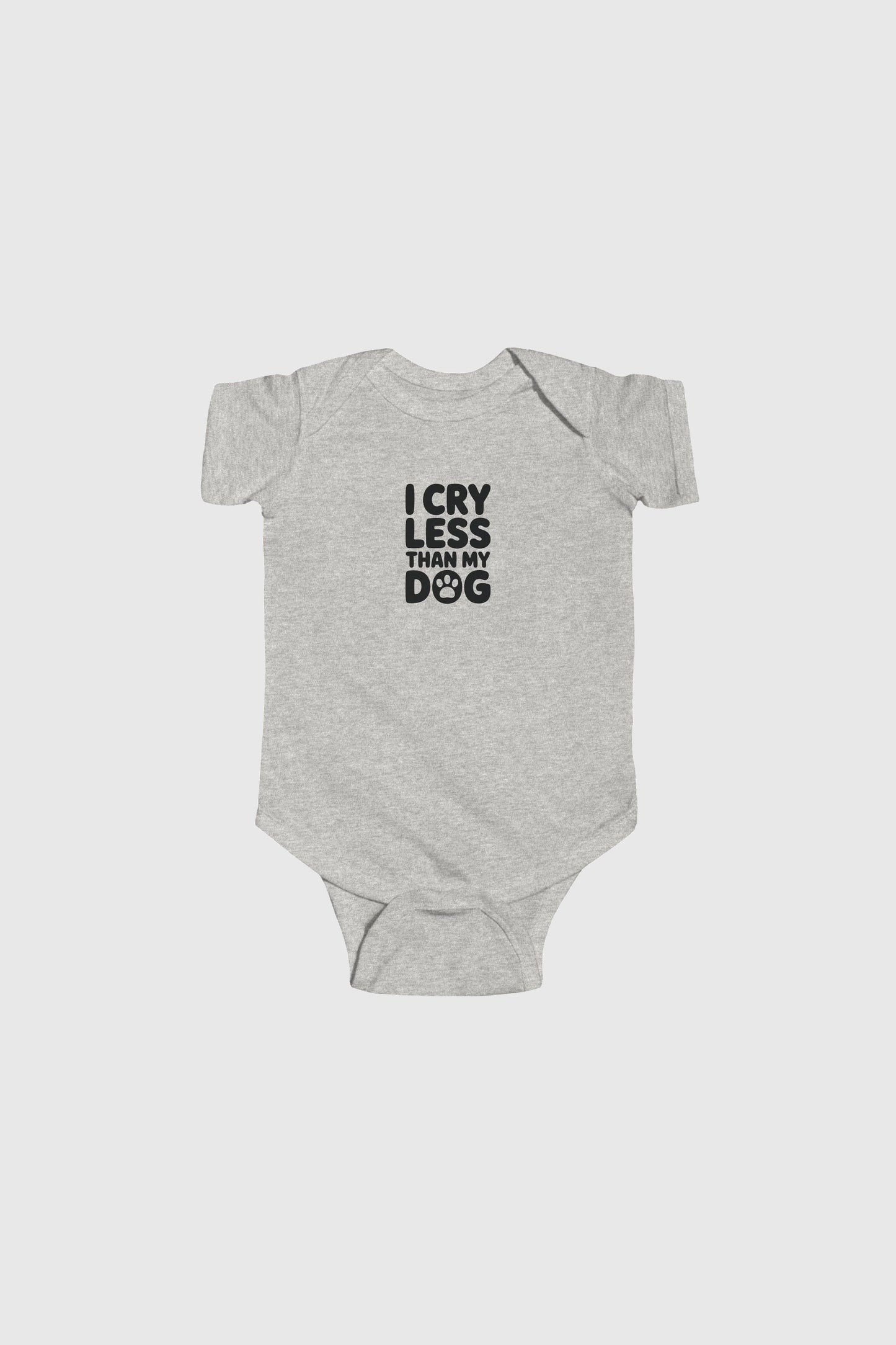 Yellow baby bodysuit with I Cry Less Than My Dog print, snap closure