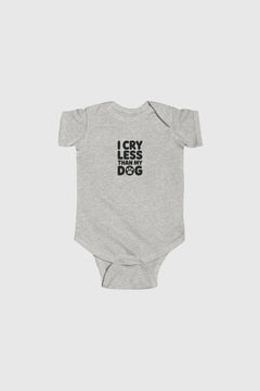 Yellow baby bodysuit with I Cry Less Than My Dog print, snap closure