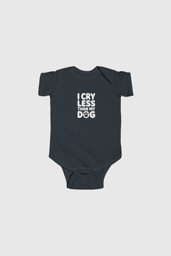 Light blue baby bodysuit with I Cry Less Than My Dog print, snap closure
