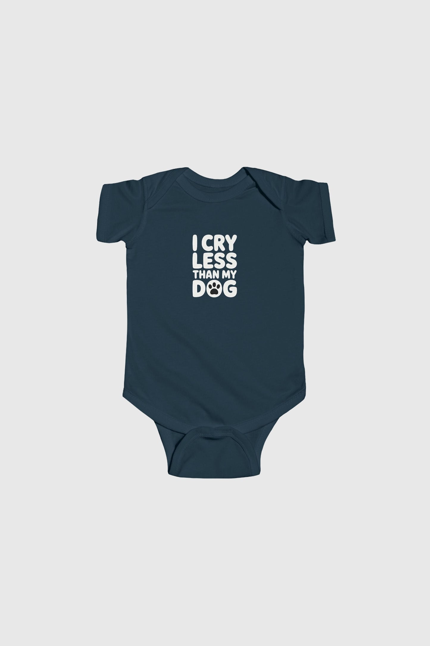 Baby wearing light blue I Cry Less Than My Dog bodysuit