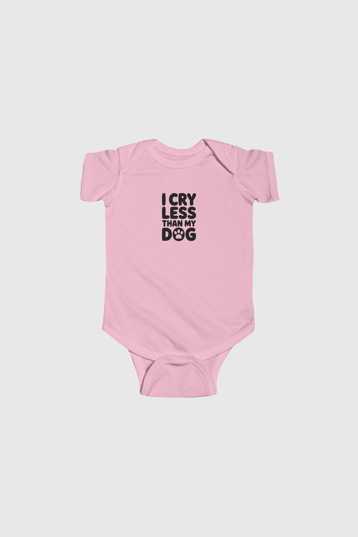 Lavender baby bodysuit with I Cry Less Than My Dog print, snap closure