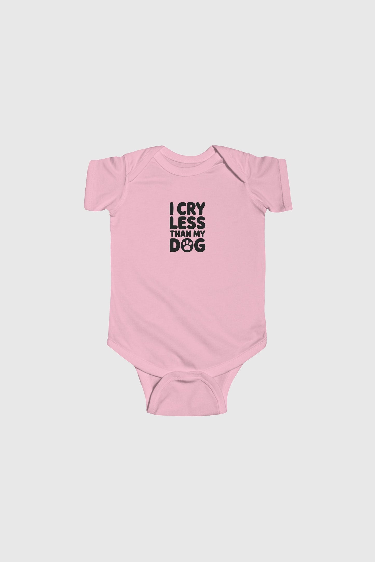 Lavender baby bodysuit with I Cry Less Than My Dog print, snap closure