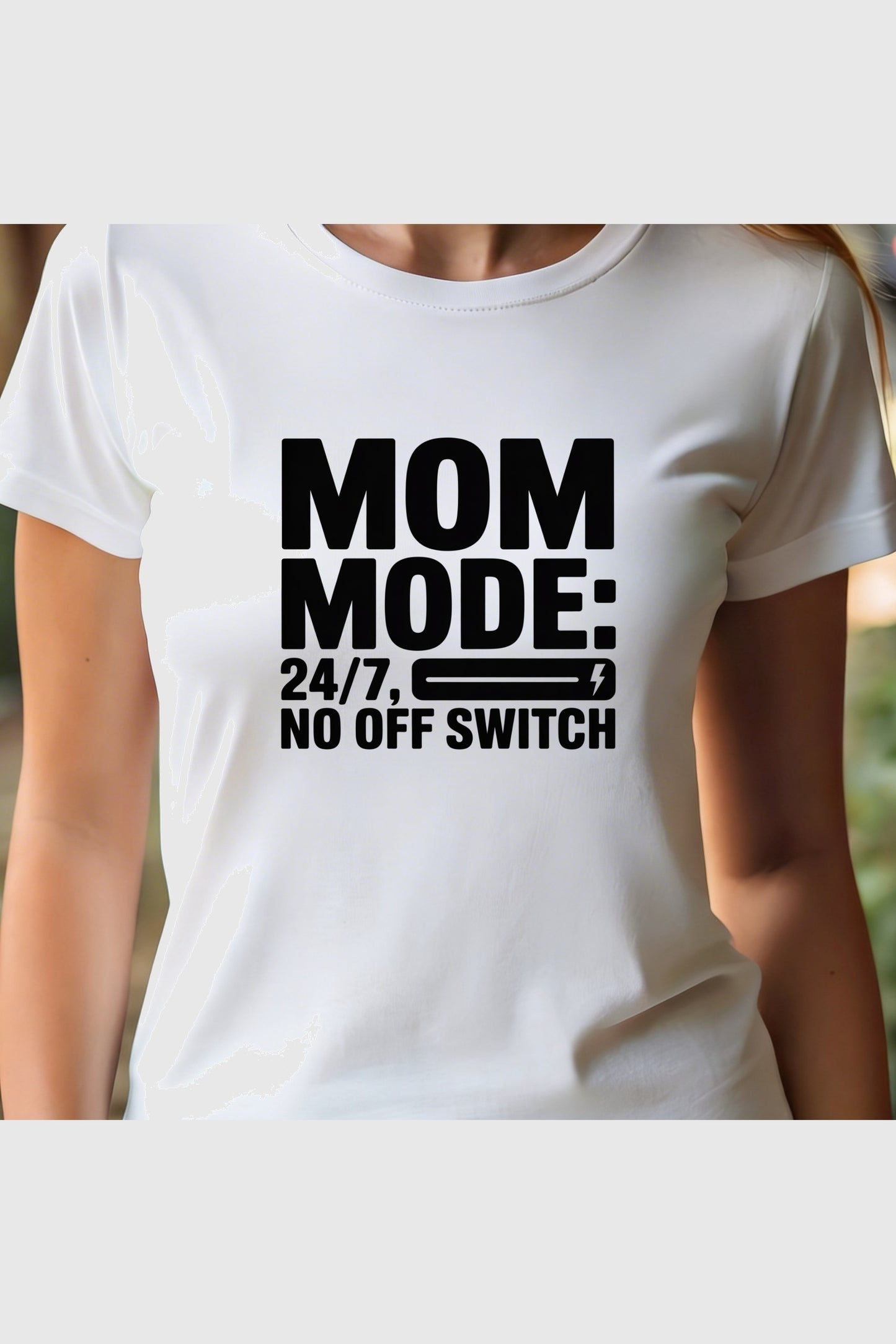 Man wearing black t-shirt with Mom Mode 24/7 print