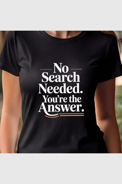 No Search Needed print close-up on black t-shirt