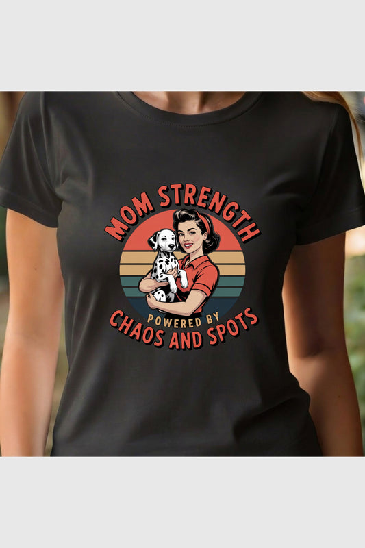 Mom Strength Chaos and Spots print close-up on white t-shirt