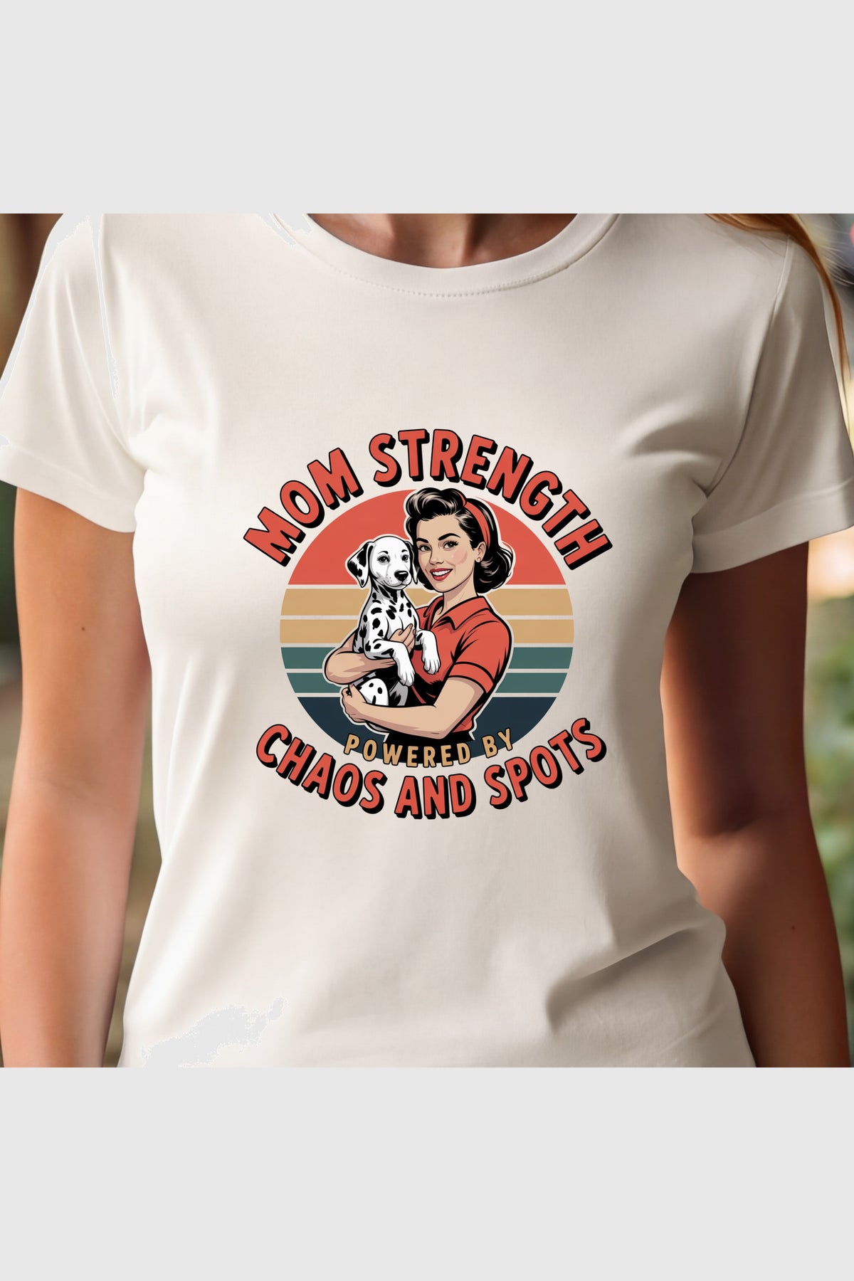 Black t-shirt with Mom Strength Chaos and Spots dalmatian print, unisex crew neck