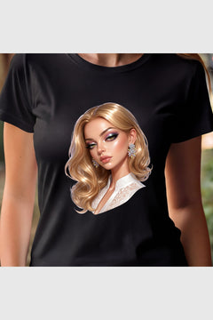 White t-shirt with blonde glam portrait print, unisex crew neck