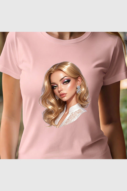 Man wearing white t-shirt with blonde glam portrait print