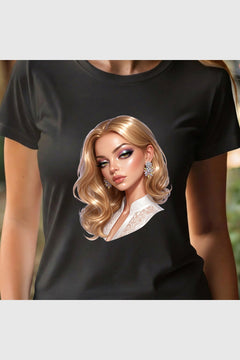 Blonde glam portrait print close-up on white t-shirt