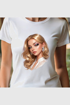 Black t-shirt with blonde glam portrait print, unisex crew neck