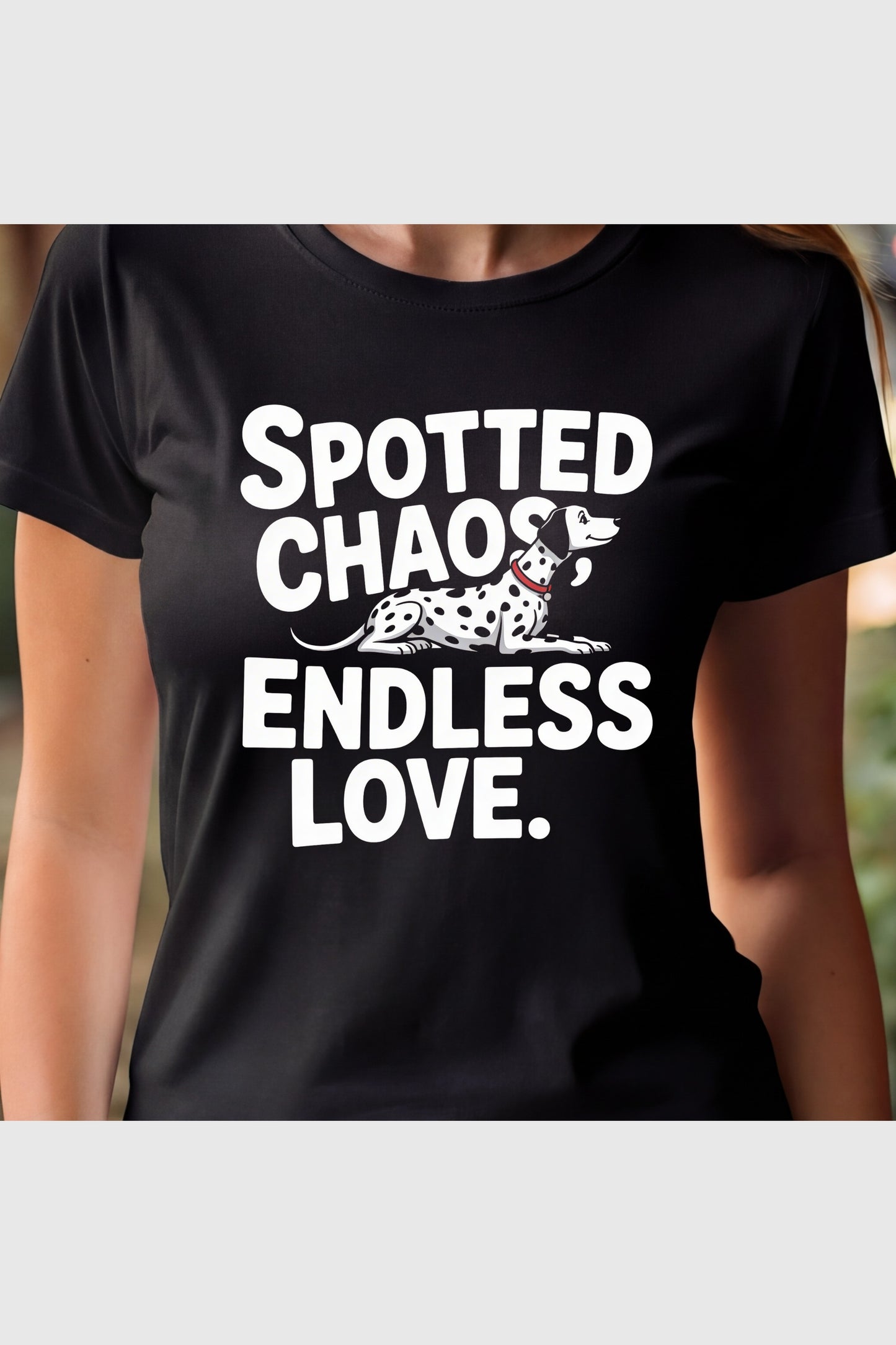 White t-shirt with Spotted Chaos Endless Love dalmatian print, unisex crew neck