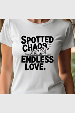 Woman wearing white Spotted Chaos Endless Love dalmatian t-shirt