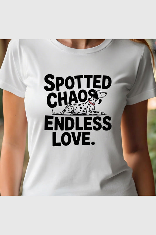Woman wearing white Spotted Chaos Endless Love dalmatian t-shirt