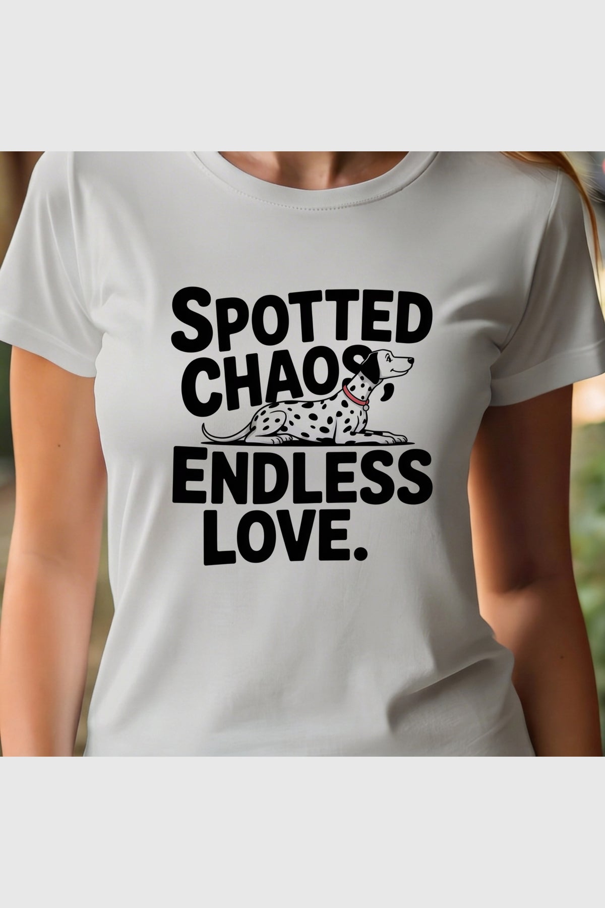 Man wearing white t-shirt with Spotted Chaos dalmatian print