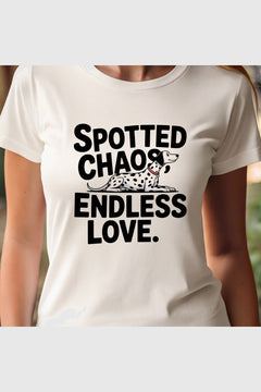Spotted Chaos Endless Love print close-up on white t-shirt