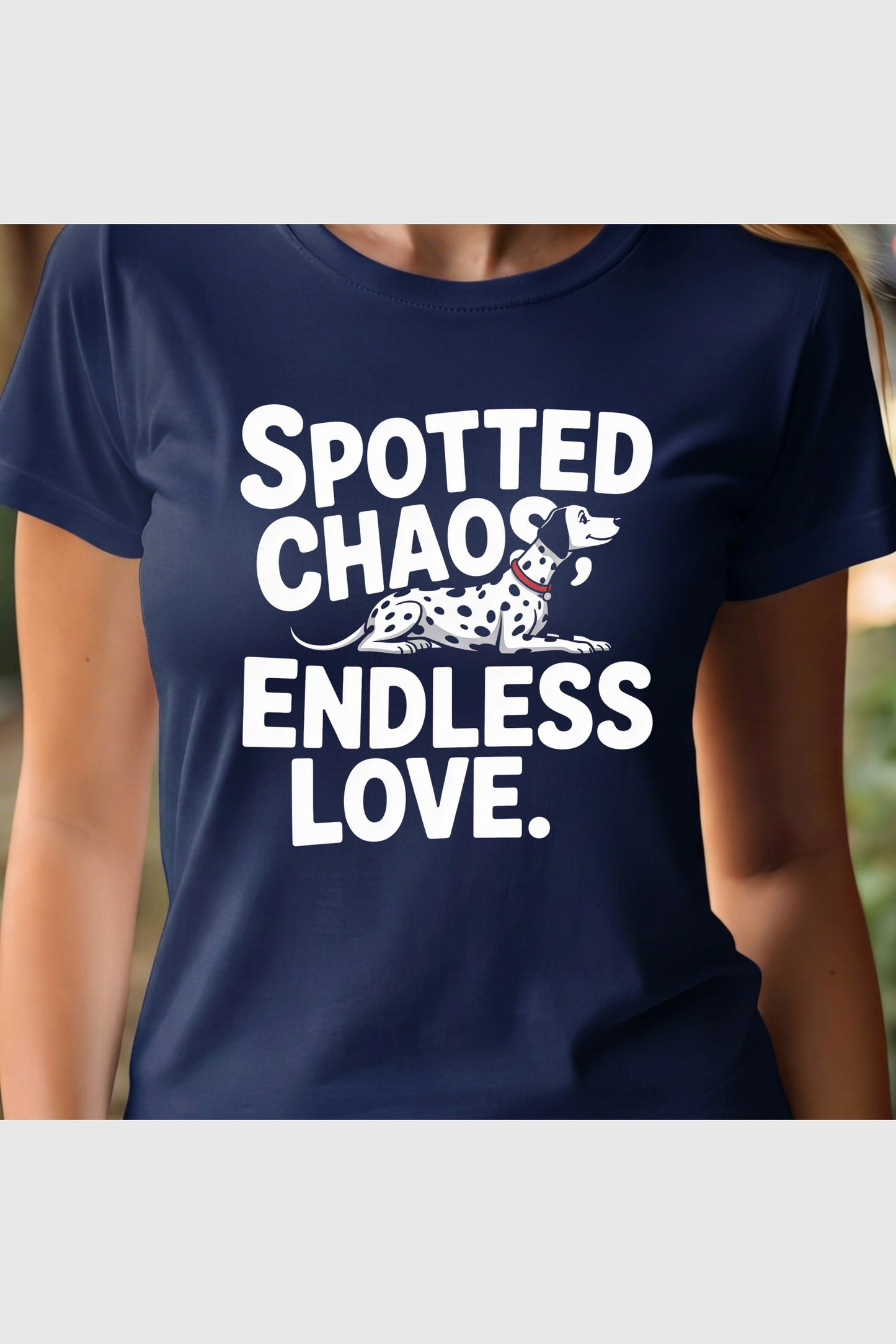 Black t-shirt with Spotted Chaos Endless Love dalmatian print, unisex crew neck