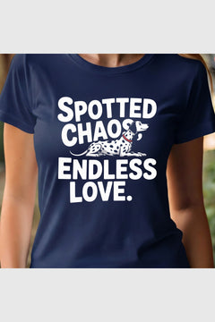 Black t-shirt with Spotted Chaos Endless Love dalmatian print, unisex crew neck