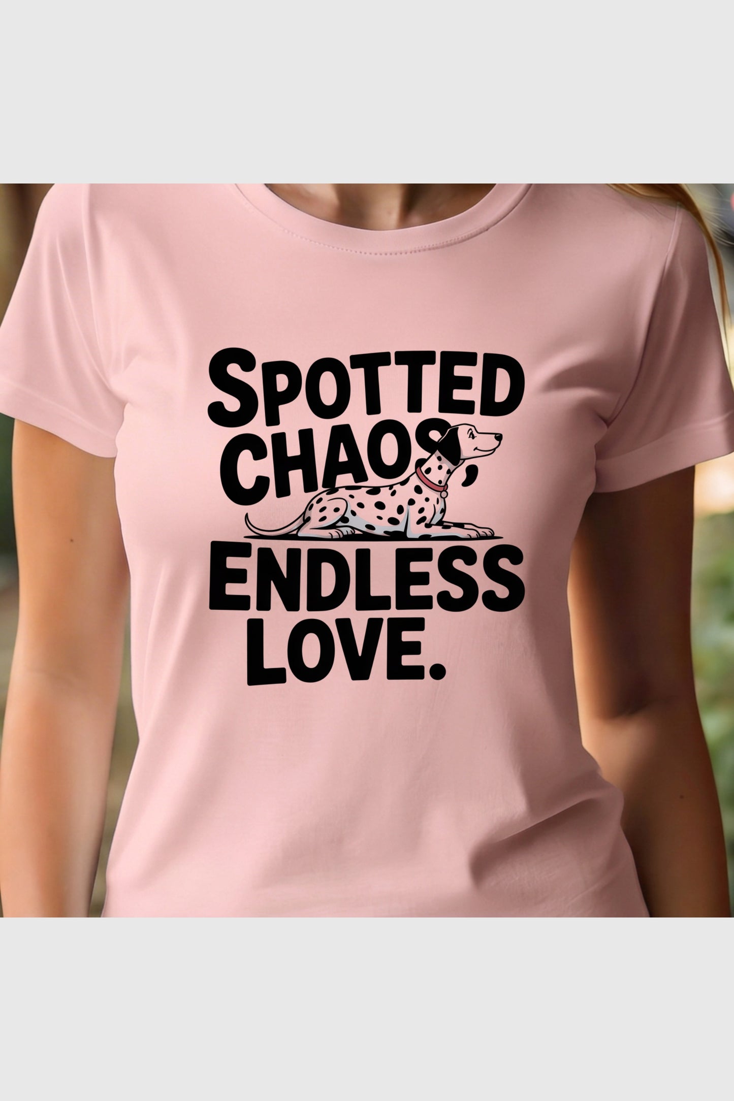 Woman wearing black Spotted Chaos Endless Love dalmatian t-shirt