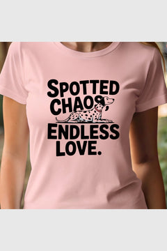 Woman wearing black Spotted Chaos Endless Love dalmatian t-shirt
