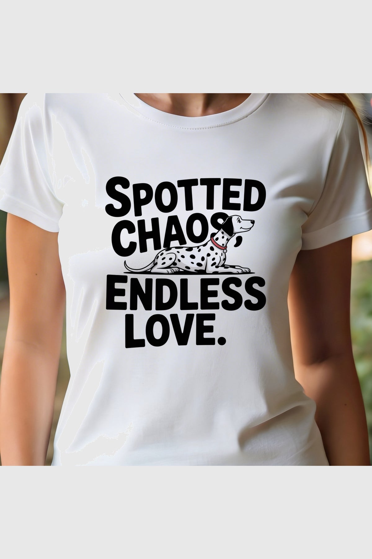 Man wearing black t-shirt with Spotted Chaos dalmatian print